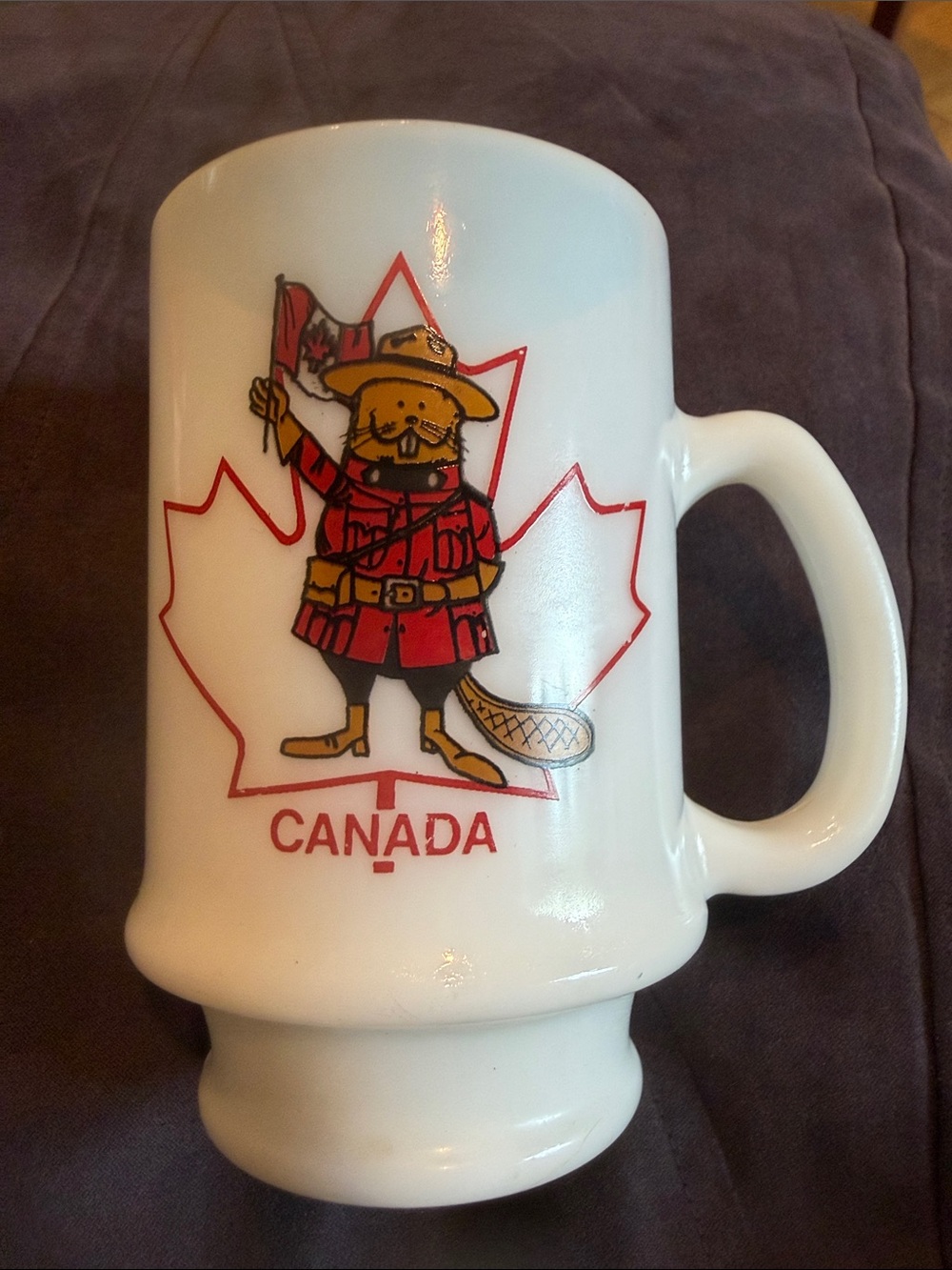 Milk glass Canada Mountie Mug in White and Red